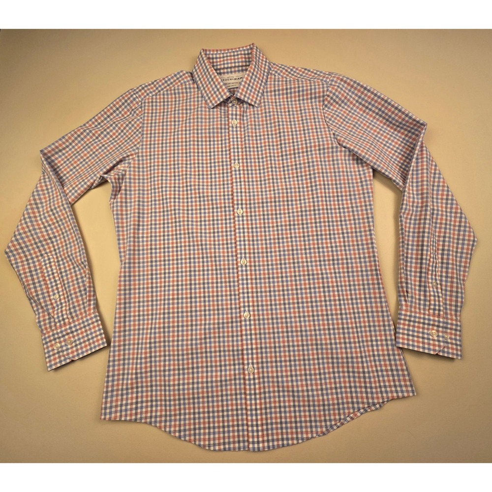Mizzen+Main Leeward Dress Shirt Mens Large Trim Fit Blue Red Check Stretch